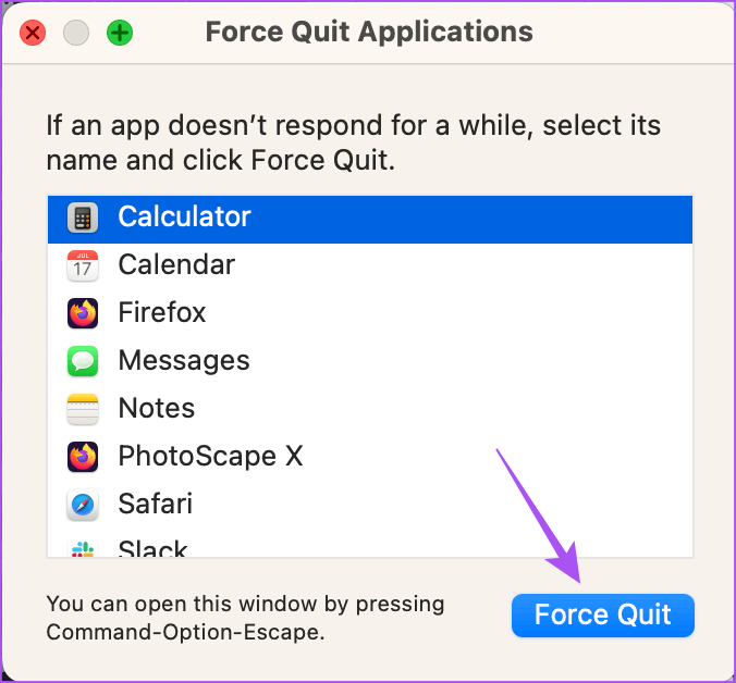 force-quit-calculator-mac أفضل 5 إصلاحات لعدم عمل تطبيق الآلة الحاسبة على Mac