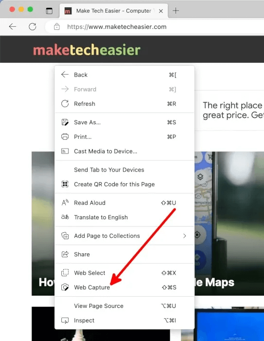 microsoft-edge-web-right-click-menu.jpg كيفية التقاط لقطة شاشة قابلة للتمرير على Mac