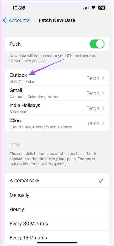 outlook-fetch-new-data-calendar-settings-iphone-474x1024-1 أفضل 8 إصلاحات لعدم تزامن تطبيق Calendar مع Outlook على iPhone