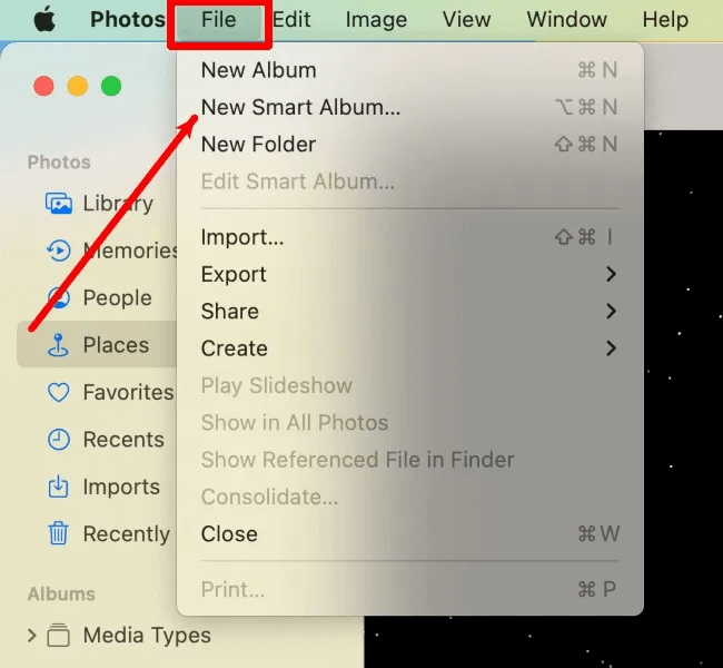 photos-app-file-menu.jpg كيفية إنشاء واستخدام الألبومات الذكية في تطبيق الصور على Mac