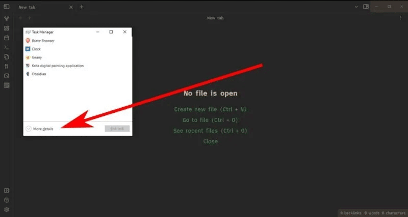 windows-task-manager-over-obsidian-editor-arrow-on-more-details-screenshot-800x427.jpg كيفية فرض إنهاء البرامج غير المستجيبة في Windows بسهولة