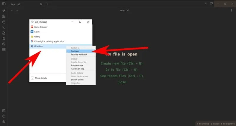 windows-task-manager-over-obsidian-editor-right-click-on-obsidian-and-highlisht-on-end-task-screenshot-800x427.jpg كيفية فرض إنهاء البرامج غير المستجيبة في Windows بسهولة
