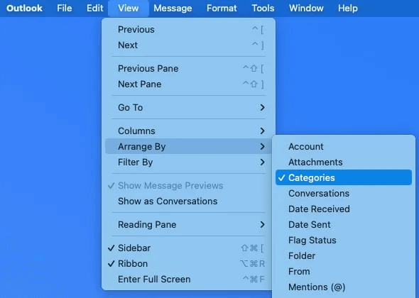 Arrange-By-Categories-Outlook-Mac.jpg كيفية استخدام فئات Microsoft Outlook لتنظيم البريد الإلكتروني