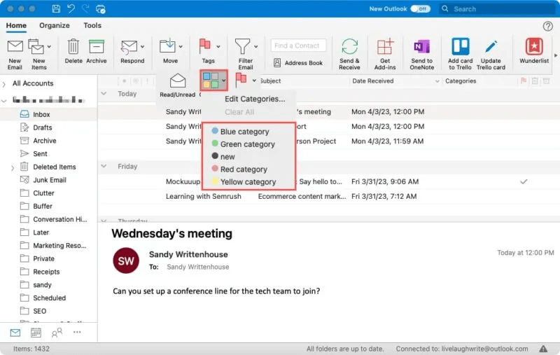 Assign-Category-Outlook-Mac-800x507.jpg كيفية استخدام فئات Microsoft Outlook لتنظيم البريد الإلكتروني