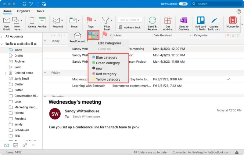 كيفية استخدام فئات Microsoft Outlook لتنظيم البريد الإلكتروني - %categories