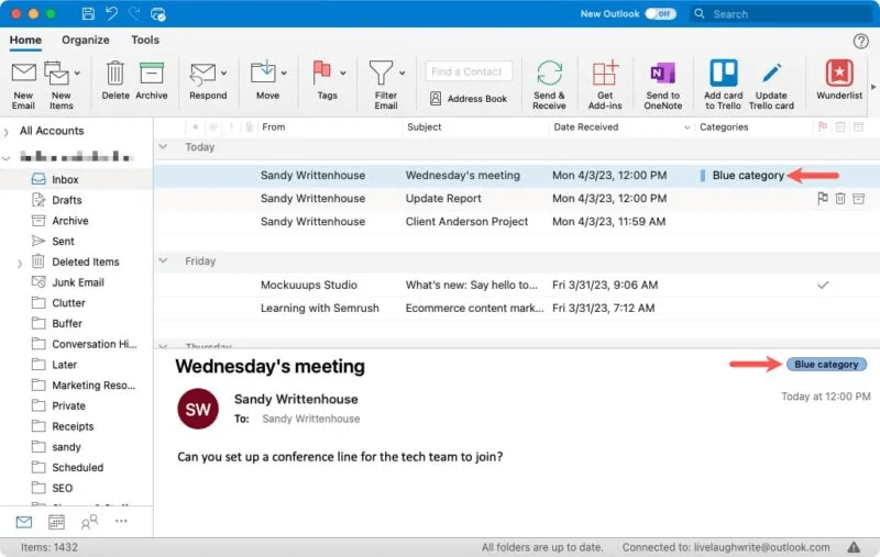Assigned-Category-Outlook-Mac-800x507.jpg كيفية استخدام فئات Microsoft Outlook لتنظيم البريد الإلكتروني