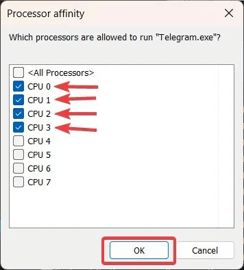 CPU-Usage-Choose-cores-and-click-on-OK.jpg كيفية الحد من استخدام وحدة المعالجة المركزية للتطبيق في Windows