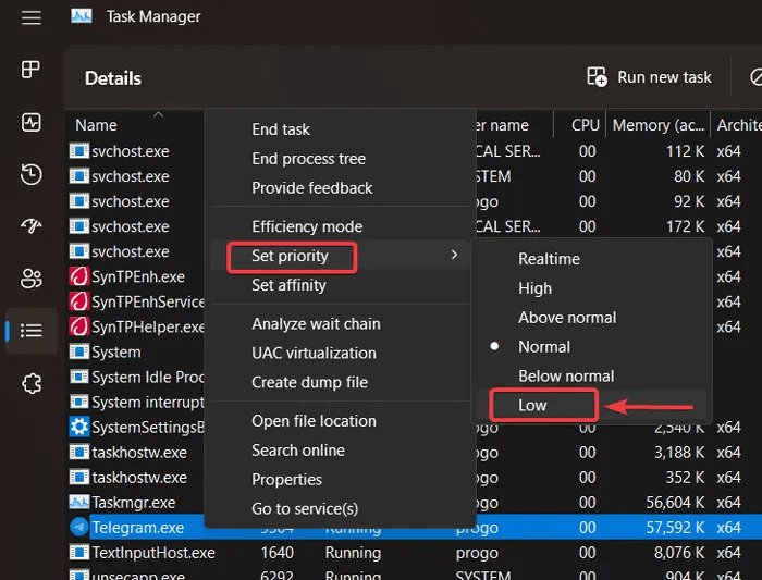 CPU-Usage-Set-priority.jpg كيفية الحد من استخدام وحدة المعالجة المركزية للتطبيق في Windows