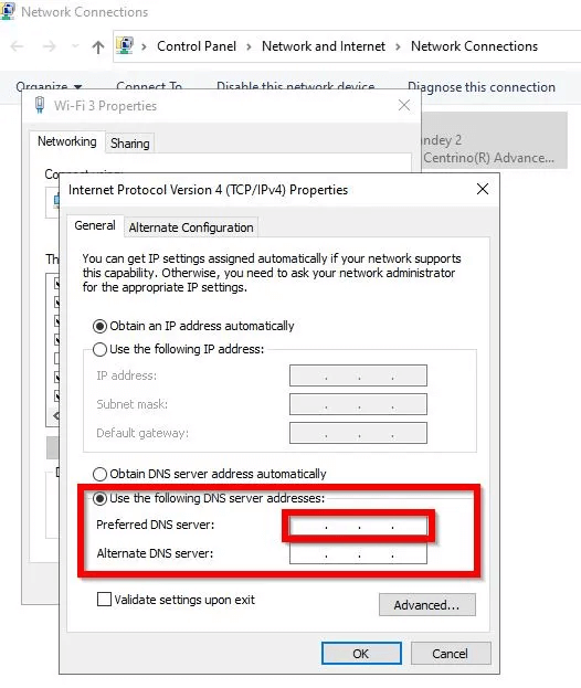 Change-DNS-server-address.jpg كيفية إصلاح خطأ "تم قطع اتصالك" على Windows