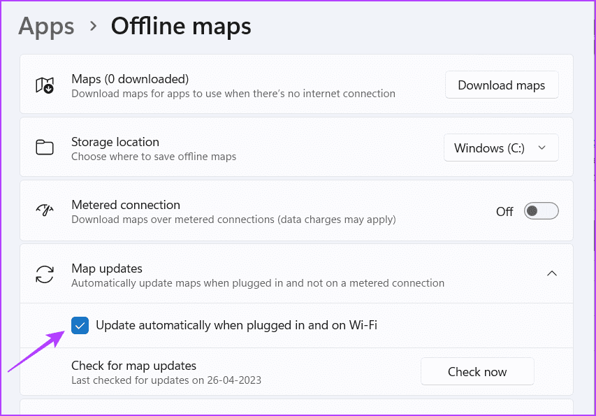 Check-Update-automatically-when-plugged-in-and-Wi-Fi-box 3 طرق سريعة لتمكين أو تعطيل التحديث التلقائي للخرائط دون اتصال في Windows 11