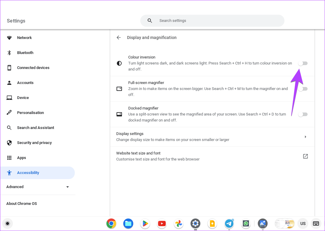 Chromebook-Accessibility-Color-Inversion 4 طرق لتمكين أو تعطيل الوضع الداكن على Chromebook