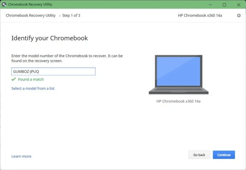 Chromebook-Recovery-Tool-Select-Model-Name-800x552.jpg كيفية إصلاح خطأ "ChromeOS مفقود أو تالف"