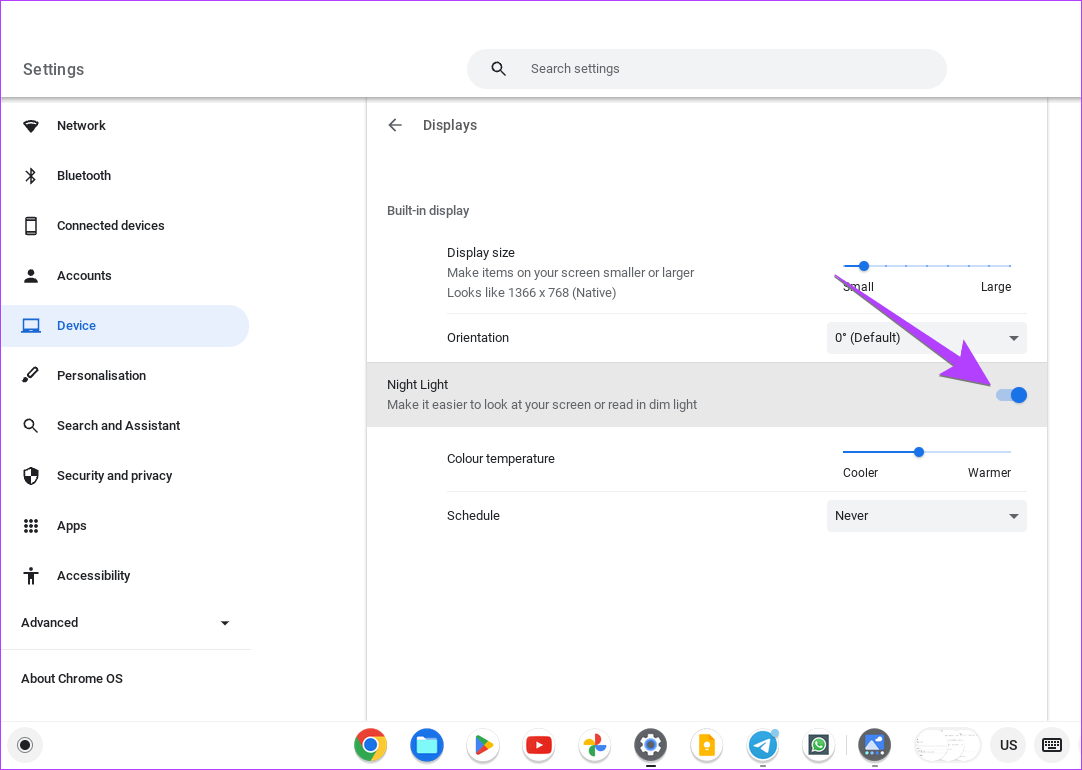 Chromebook-Setting-Device-Night-Light 4 طرق لتمكين أو تعطيل الوضع الداكن على Chromebook