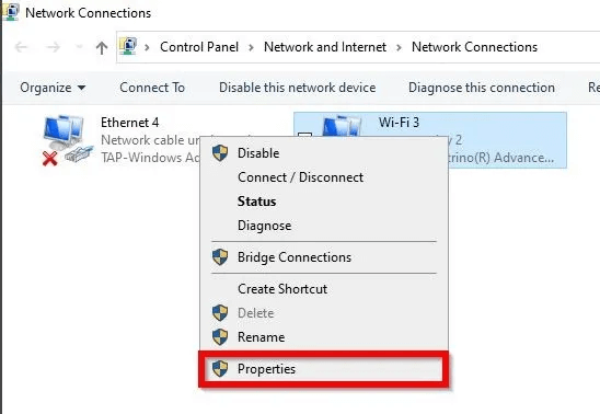 Click-On-Properties.jpg كيفية إصلاح خطأ "تم قطع اتصالك" على Windows