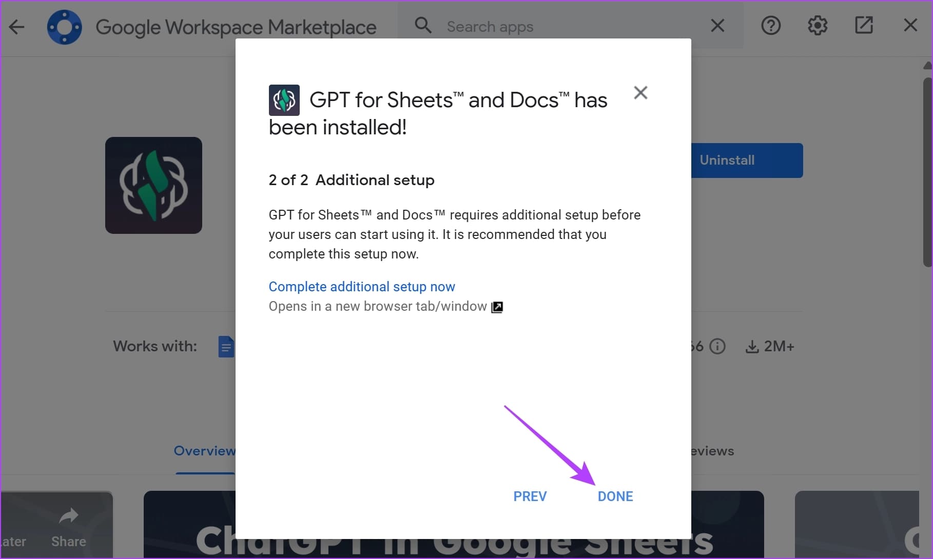 Click-on-Done-to-Complete-the-Installation-Process كيفية استخدام ChatGPT في Google Sheets على Windows و Mac