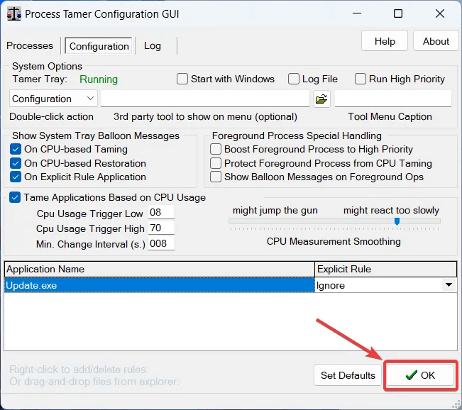 Click-on-OK-1.png كيفية الحد من استخدام وحدة المعالجة المركزية للتطبيق في Windows
