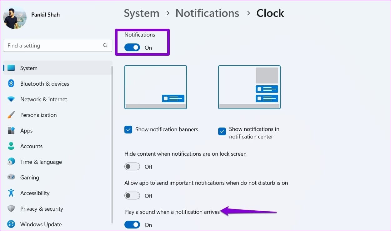 Clock-App-Notification-Settings-in-Windows كيفية ضبط وتحرير وحذف المنبه في Windows 11