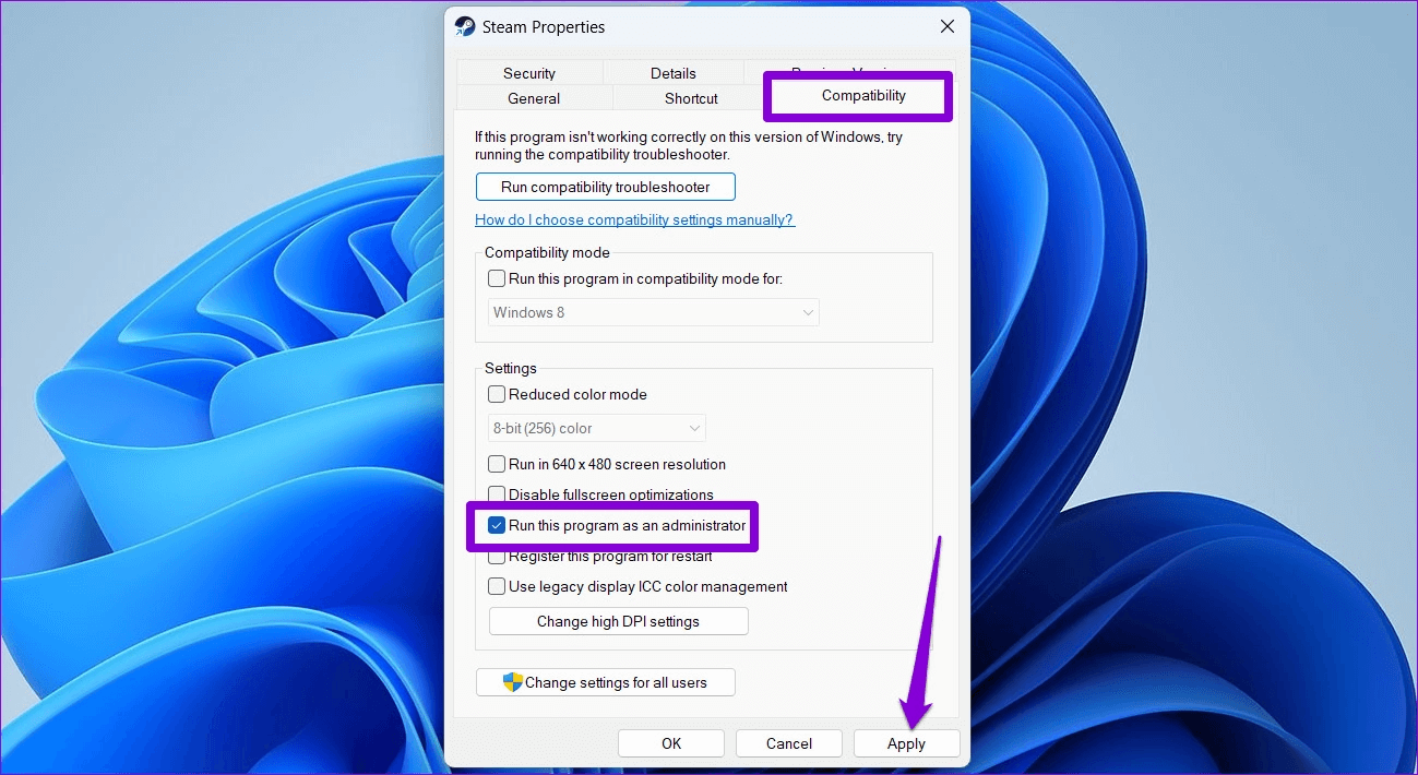 Configure-Steam-to-Run-as-Admin أفضل 10 طرق لإصلاح استمرار تعطل Steam على Windows 11
