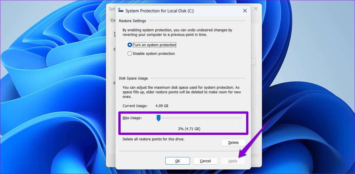 Configure-Storage-for-Restore-Points-in-Windows-11 كيفية حذف نقاط استعادة النظام القديمة في Windows 11