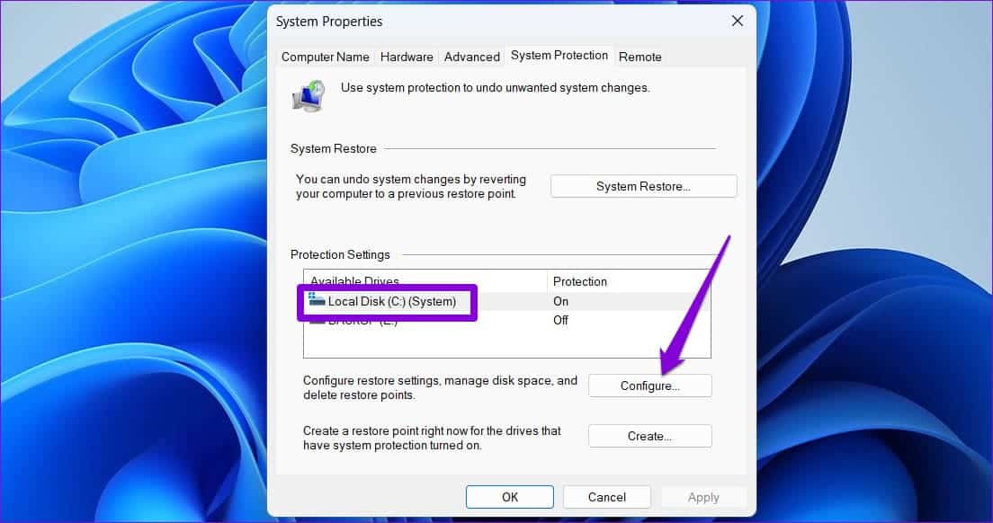 Configure-System-Protection-Settings كيفية حذف نقاط استعادة النظام القديمة في Windows 11