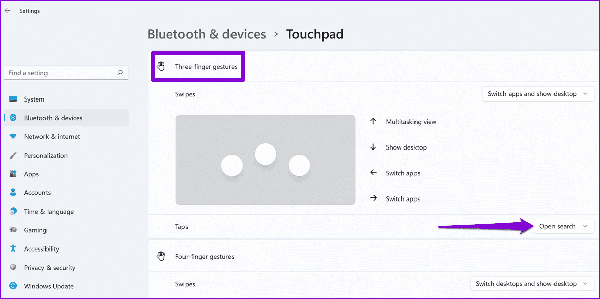 Configure-Three-Finger-Touchpad-Gesture-in-Windows-11-1 أفضل 7 طرق لإصلاح فتح قائمة البحث بشكل عشوائي في Windows 11