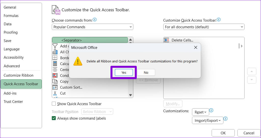 Confirm-Reset-Excel-Toolbar أفضل 6 طرق لإصلاح عدم عمل شريط أدوات Excel في Windows