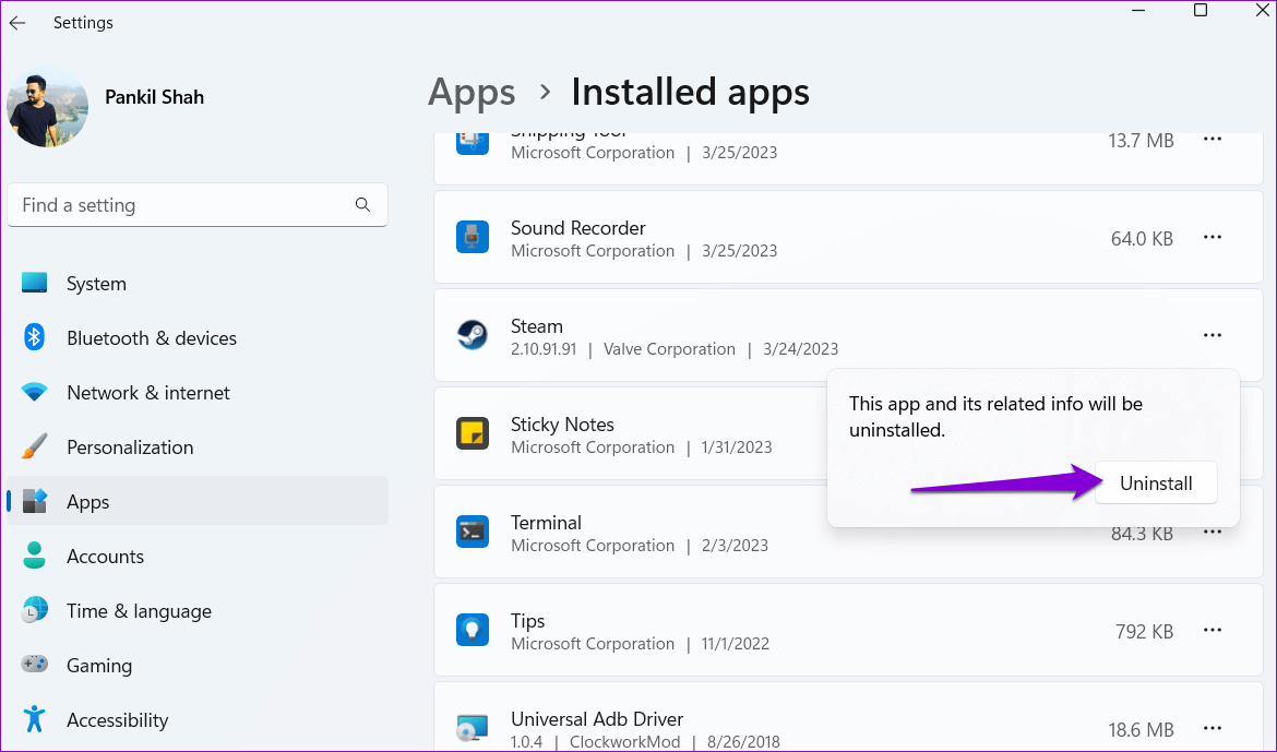 Confirm-Uninstall-Steam-From-Windows أفضل 10 طرق لإصلاح استمرار تعطل Steam على Windows 11