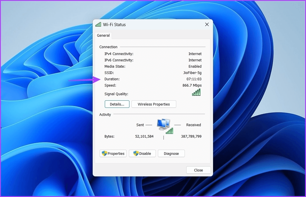 Connection-status-window 4 أفضل الطرق للتحقق من وقت تشغيل جهاز الكمبيوتر على Windows 11