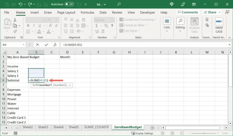 Create-Budget-AutoSum-Subtotal-800x467.jpg-1 كيفية عمل ميزانية صفرية في Microsoft Excel