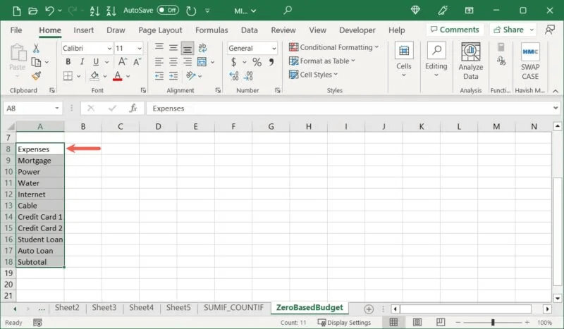 Create-Budget-Expenses-800x467.jpg-1 كيفية عمل ميزانية صفرية في Microsoft Excel