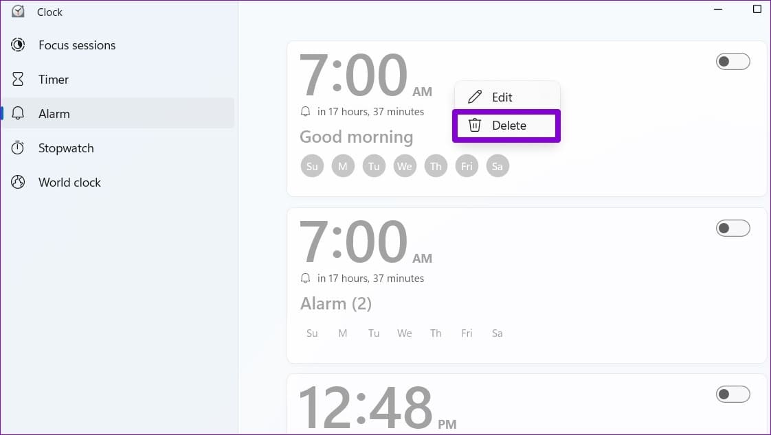 Delete-an-Alarm-in-Windows-11 كيفية ضبط وتحرير وحذف المنبه في Windows 11