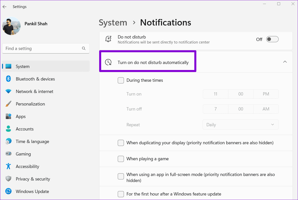 Disable-Automatic-Do-Not-Disturb-on-Windows-11 أفضل 7 طرق لإصلاح عدم عمل إشعارات تطبيق Xbox على Windows