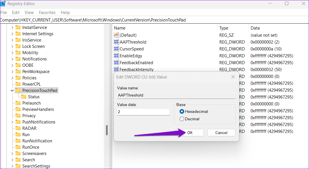 Edit-AAPThreshold-Key-in-Registry-Editor-Window أفضل 3 طرق لزيادة أو تقليل حساسية لوحة اللمس على أجهزة الكمبيوتر المحمولة Windows 11