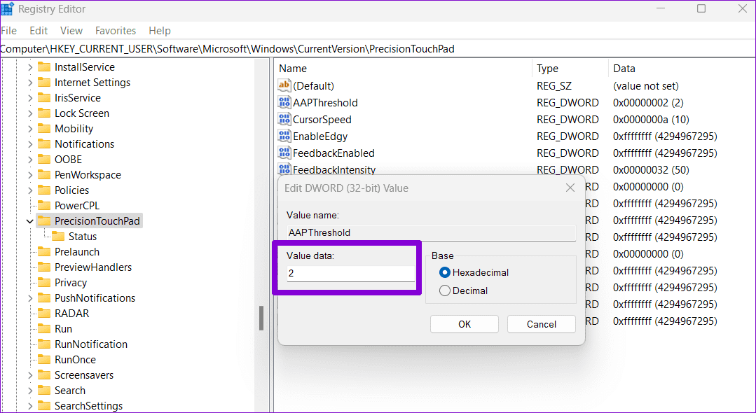 Edit-Registry-Key-in-Editor أفضل 3 طرق لزيادة أو تقليل حساسية لوحة اللمس على أجهزة الكمبيوتر المحمولة Windows 11