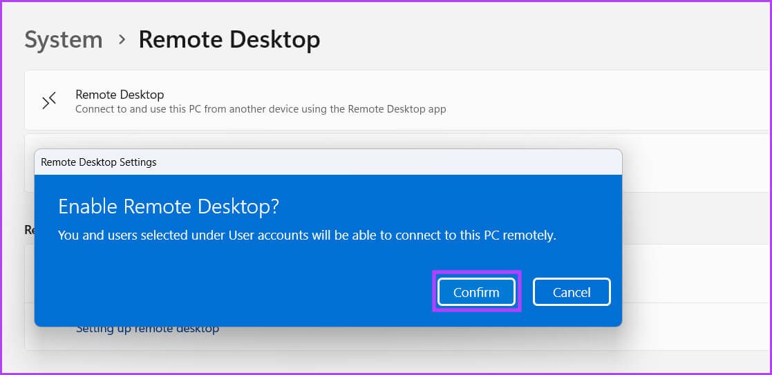 Enable-RemoteDesktop-3 أفضل 8 طرق لإصلاح خطأ عدم تمكن Remote Desktop من العثور على الكمبيوتر في Windows 11