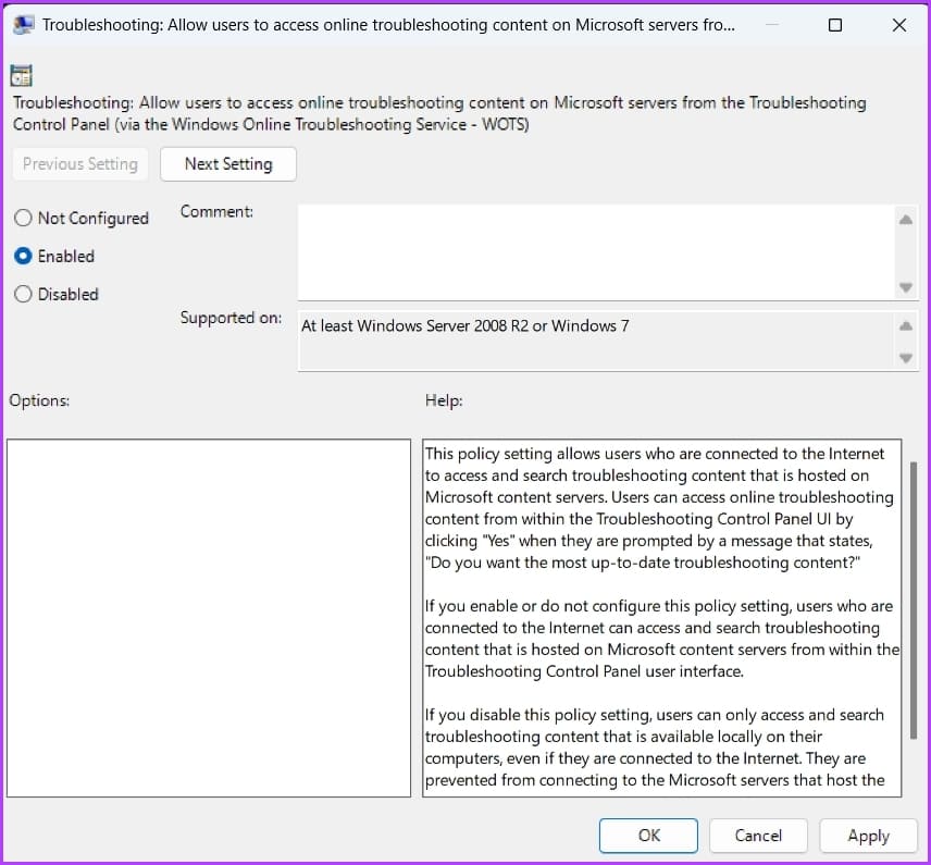 Enabled-1 أفضل 7 إصلاحات لخطأ تم تعطيل خدمة استكشاف الأخطاء وإصلاحها لـ Windows عبر الإنترنت على Windows