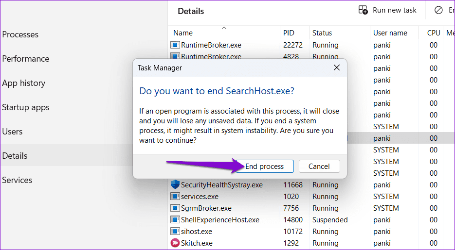 End-SearchHost-Process-Windows أفضل 7 طرق لإصلاح فتح قائمة البحث بشكل عشوائي في Windows 11