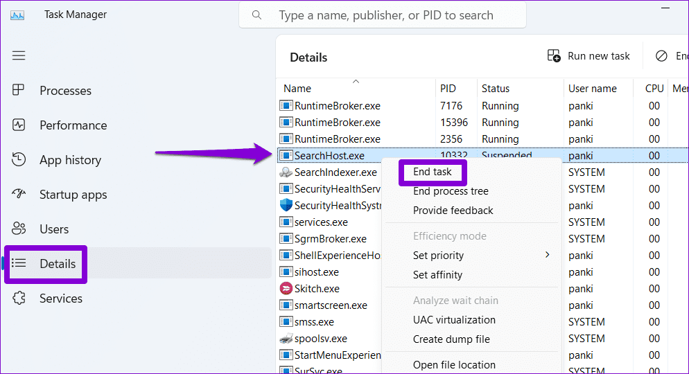 End-SearchHost-Process-on-Windows-1 أفضل 7 طرق لإصلاح فتح قائمة البحث بشكل عشوائي في Windows 11