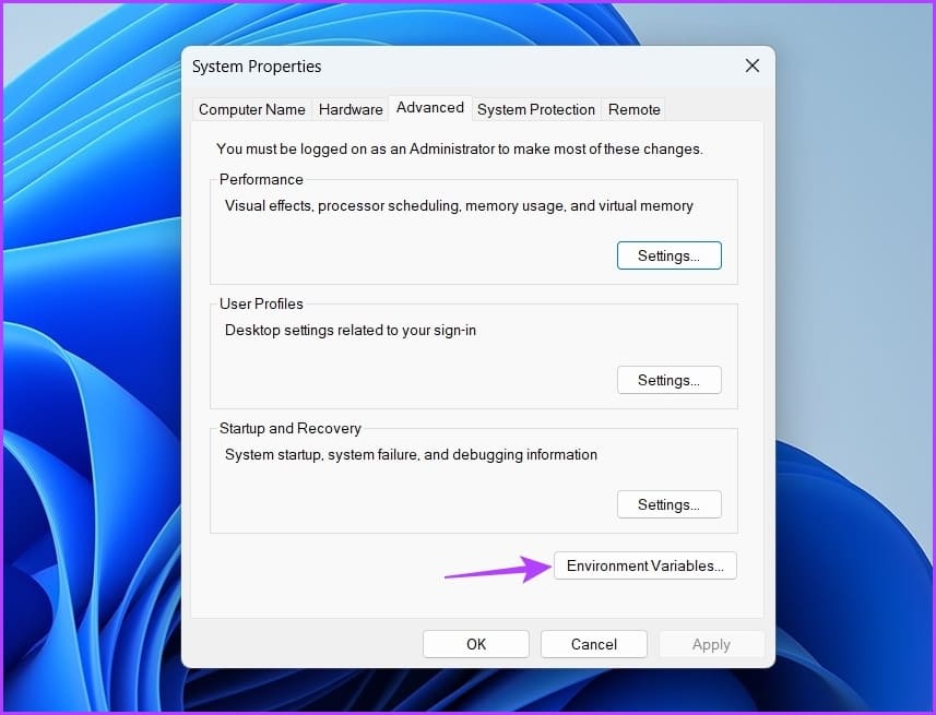 Environment-Variables-button 7 طرق سريعة لإصلاح خطأ "تأكد من أن المجلد المؤقت temp الخاص بك صالح" على Windows 11