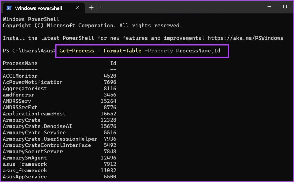 Find-PID-Using-Powershell-2 أفضل 5 طرق للعثور على معرف عملية التطبيق في Windows 11