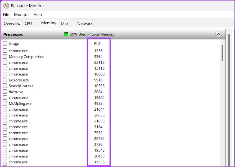 Find-PID-Using-Resource-Monitor-2 أفضل 5 طرق للعثور على معرف عملية التطبيق في Windows 11