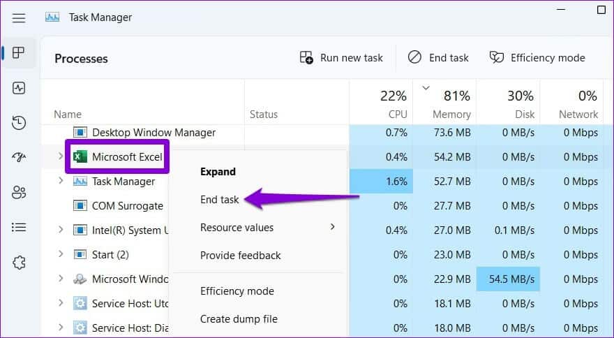 Force-Close-Microsoft-Excel-on-Windows أفضل 6 طرق لإصلاح عدم عمل شريط أدوات Excel في Windows