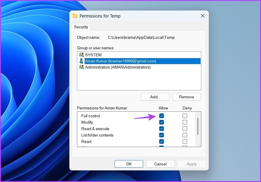 Full-control-1 7 طرق سريعة لإصلاح خطأ "تأكد من أن المجلد المؤقت temp الخاص بك صالح" على Windows 11
