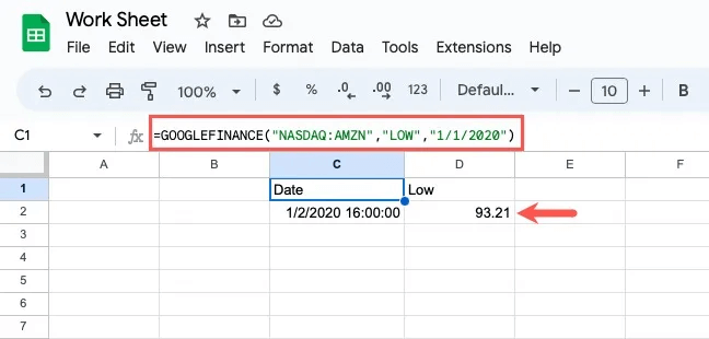 GOOGLEFINANCE-Amazon-Low-Start.jpg-1 كيفية تتبع الأسهم في Google Sheets