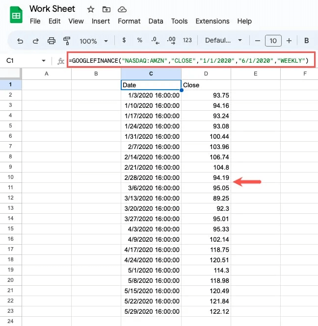 GOOGLEFINANCE-Amazon-Open-Start-End-Weekly.jpg-1 كيفية تتبع الأسهم في Google Sheets