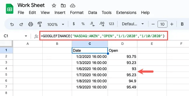 GOOGLEFINANCE-Amazon-Open-Start-End.jpg-1 كيفية تتبع الأسهم في Google Sheets