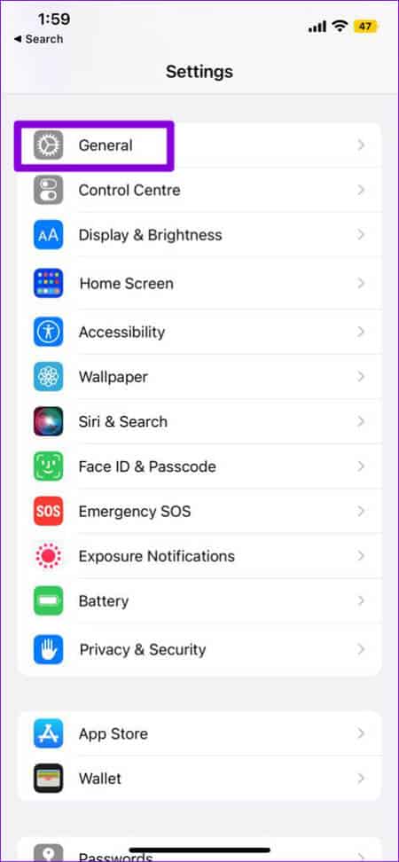 General-Settings-on-iPhone-15-474x1024-1 أفضل 7 طرق لإصلاح عدم الاحتفاظ بنسخة احتياطية من الذكريات على Snapchat على Android و iPhone