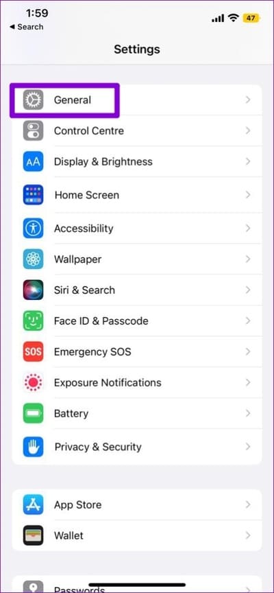 General-Settings-on-iPhone-15-474x1024-3 أهم 7 إصلاحات لعدم عمل الخط الزمني لـ Google Maps على Android و iPhone