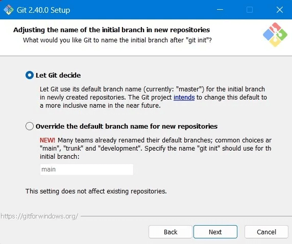Git-Bash-Windows-Initial-Branch-Repositories-Options.jpg كيفية تثبيت Git و Git Bash في Windows