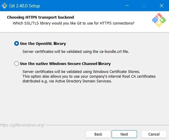 Git-Bash-Windows-Use-OpenSSL-Library-HTTPS-Transport-Backend.jpg كيفية تثبيت Git و Git Bash في Windows